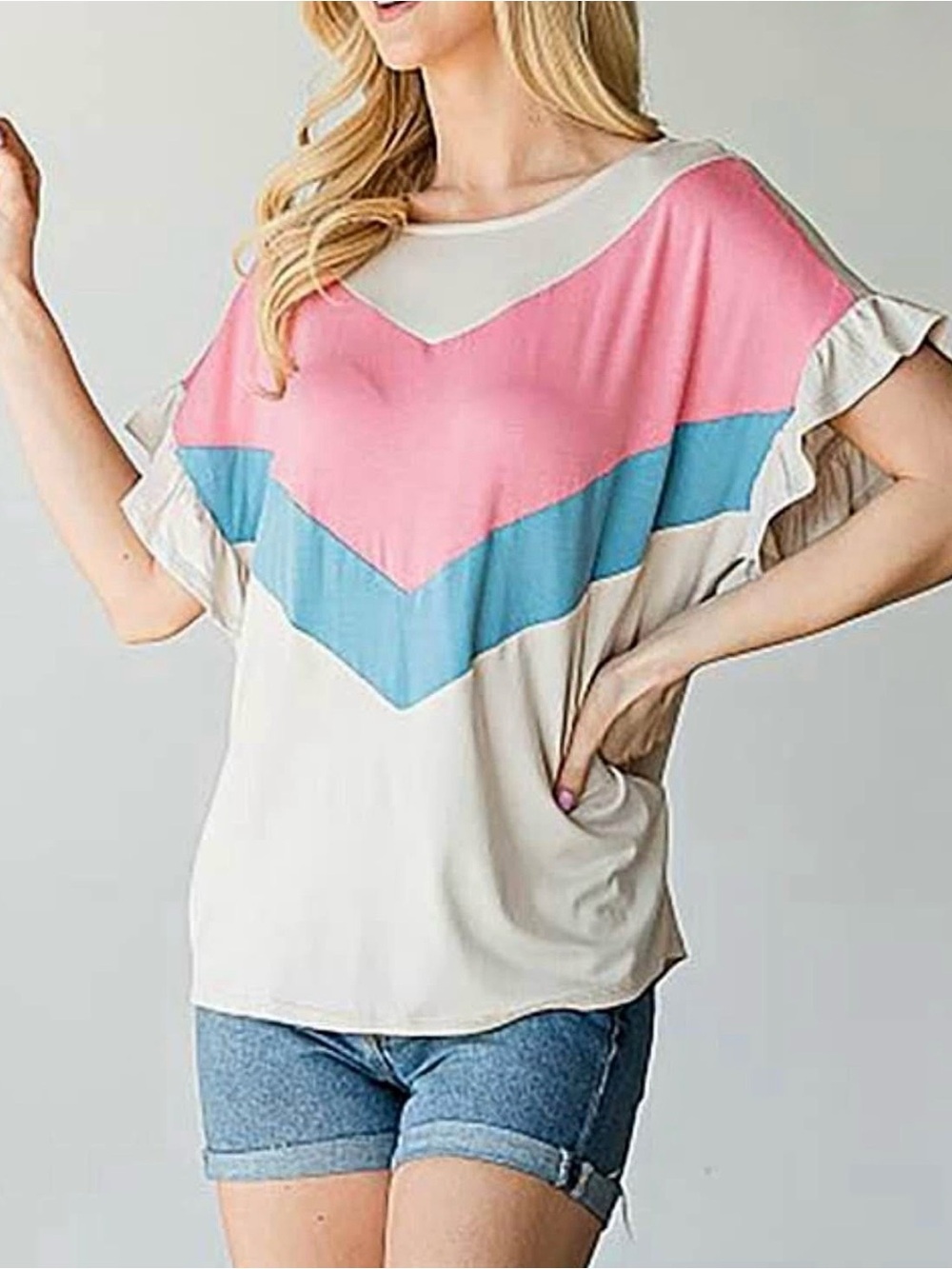 Rayon/Spandex NEW Pink & Blue Chevron Colorblock Top